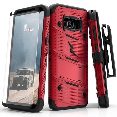 Zizo Bolt Cover - Pancerne etui Samsung Galaxy S8+ ze szkłem 9H na ekran + podstawka & uchwyt do paska (Red/Black)